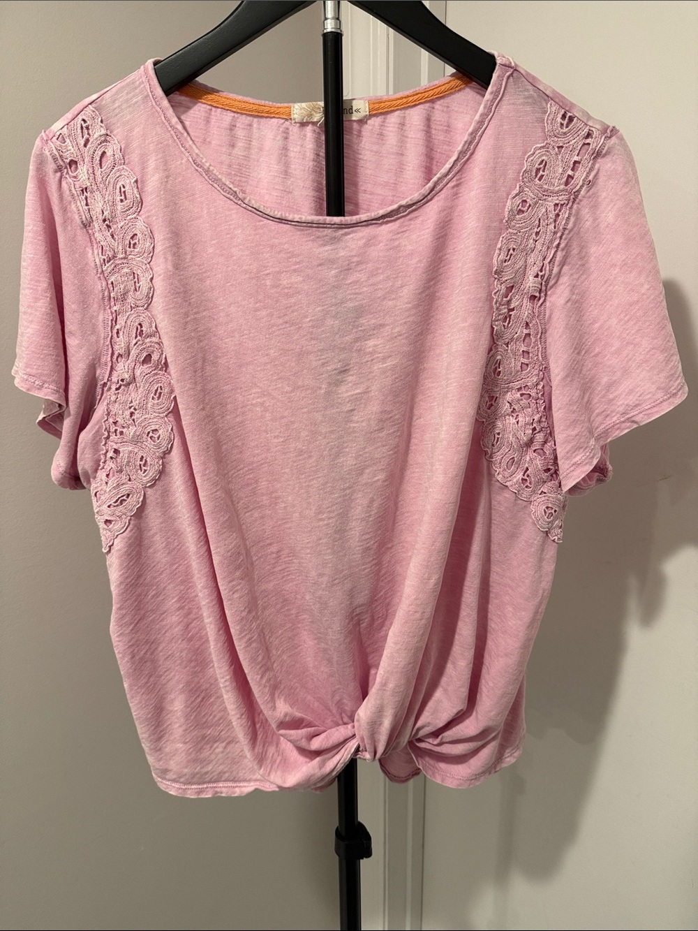 Rewind Pink Lace-Shoulder Knot Front Short Sleeve Tee